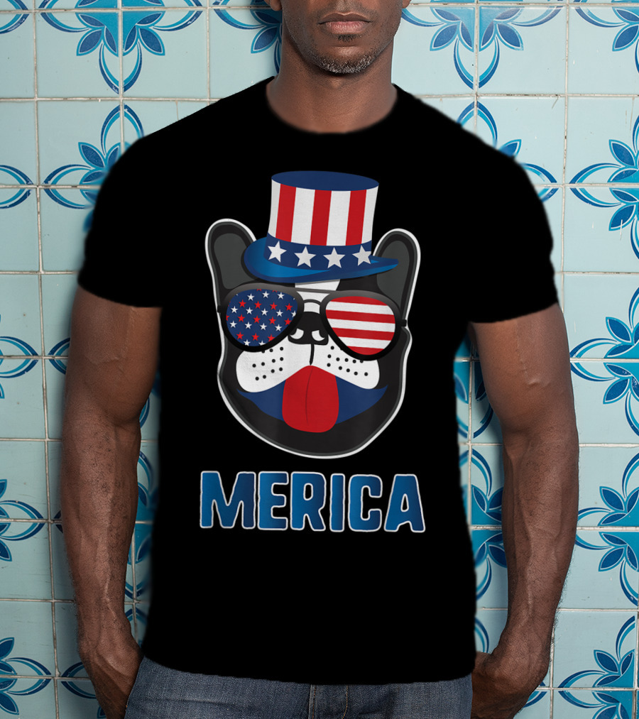 Merica Boston Terrier Dog Patriotic Uncle Sam Hat USA T-Shirt