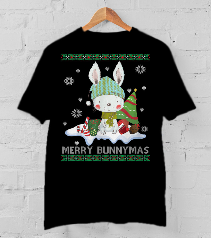 Merry Bunnymas Cute Bunny With Santa Hat And Christmas Tree T-Shirt