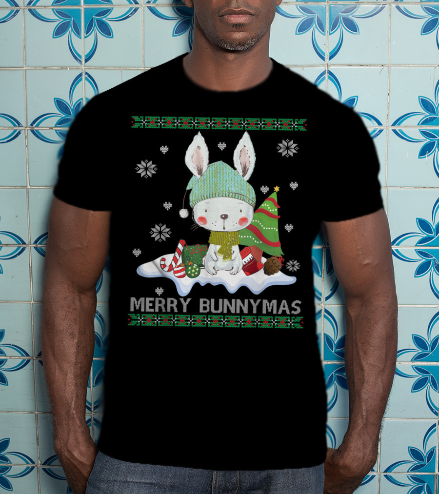 Merry Bunnymas Cute Bunny With Santa Hat And Christmas Tree T-Shirt