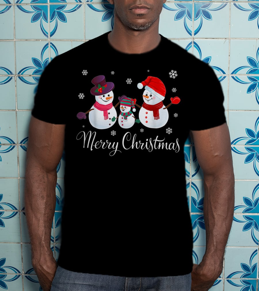 Merry Christmas Family Snowman Snowflakes Holiday Scene T-Shirt