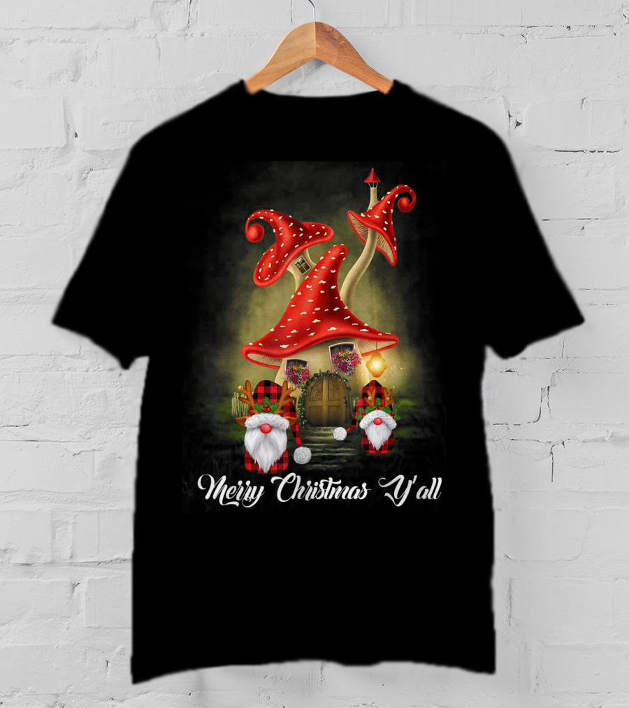 Merry Christmas Y'all Gnome Red Mushroom House T-Shirt