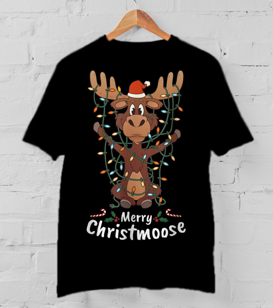 Merry Christmoose Christmas Moose Xmas Tree Lights Santa Hat T-Shirt