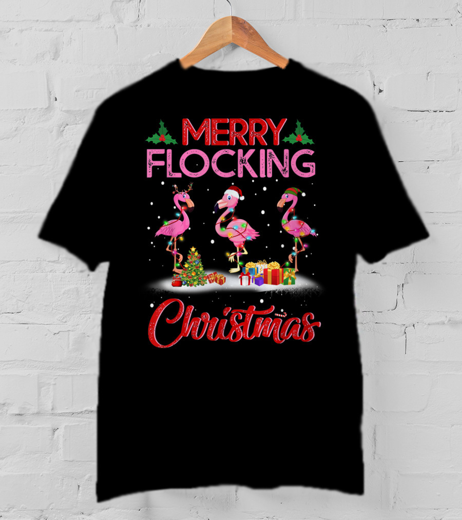 Merry Flocking Christmas Flamingo Pink Holiday Scene With Presents And Snowflakes T-Shirt