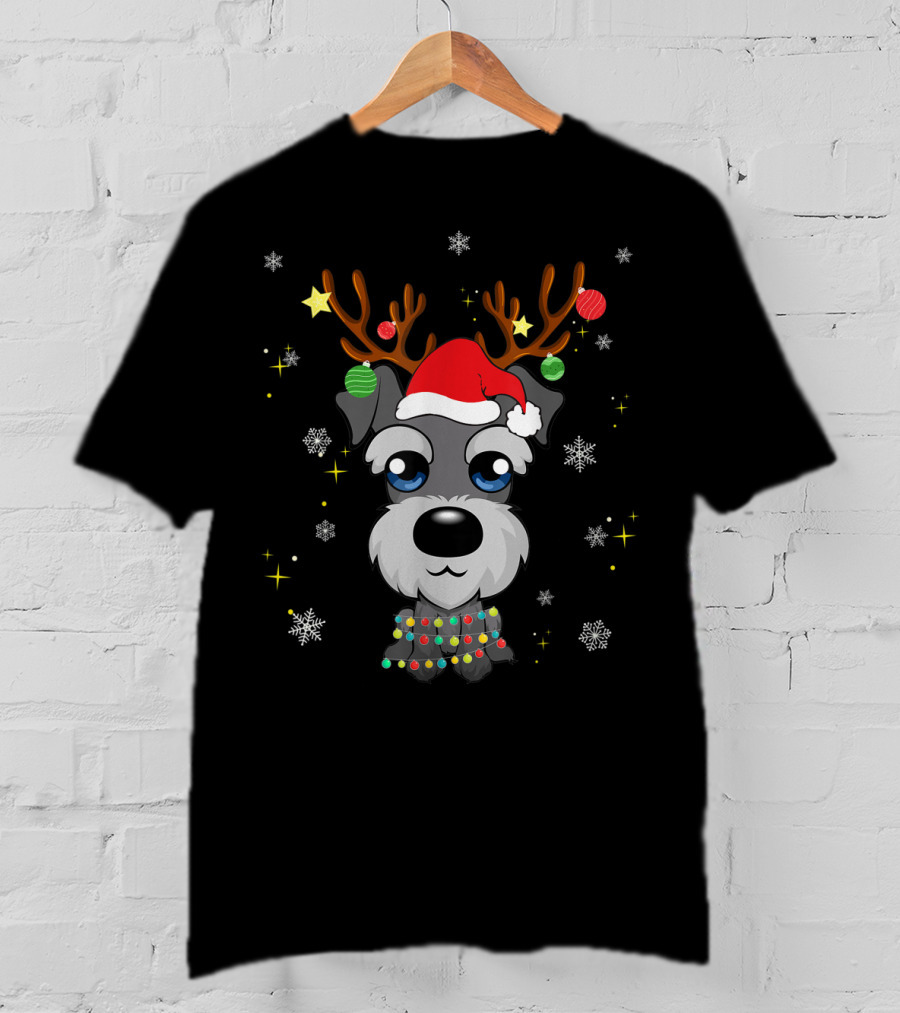 Miniature Schnauzer Reindeer Santa Hat Christmas Lights Snowflakes Stars T-Shirt