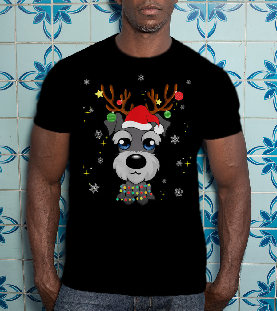 Miniature Schnauzer Reindeer Santa Hat Christmas Lights Snowflakes Stars T-Shirt
