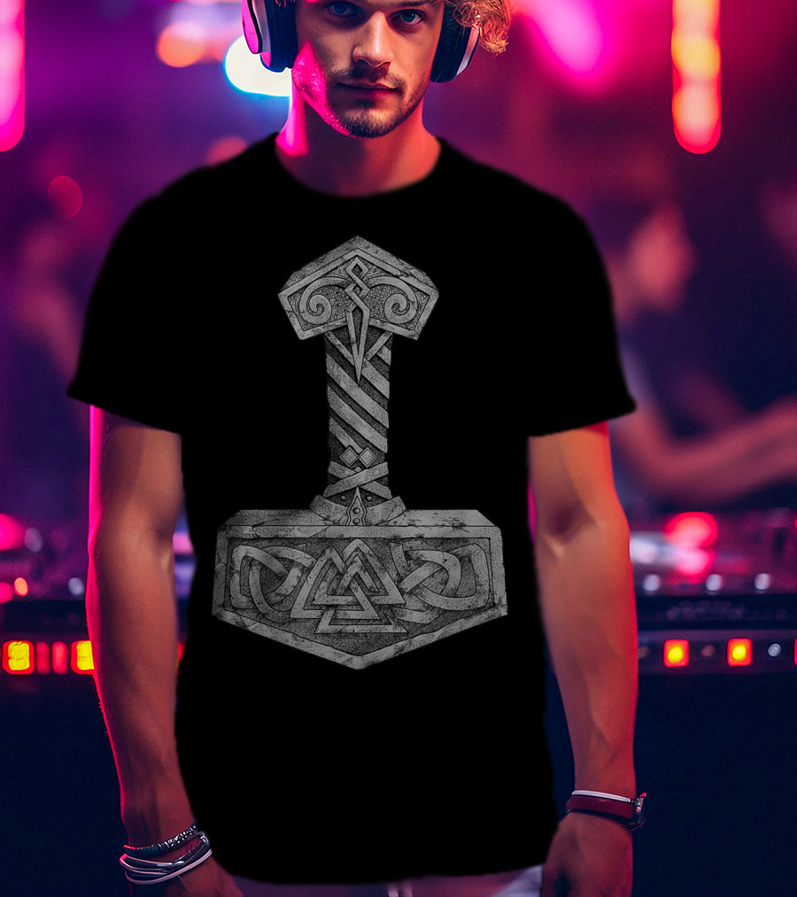 Mjolnir Thor's Hammer With Valknut Symbol Norse Mythology Viking T-Shirt
