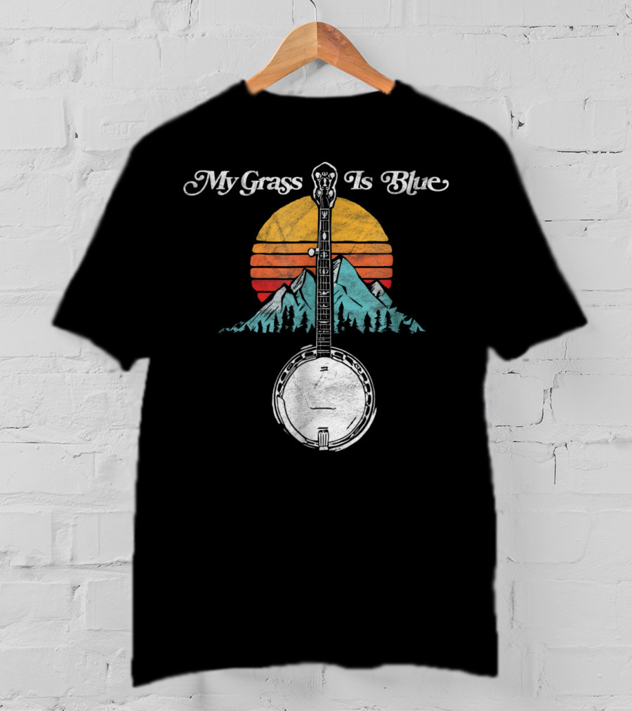 My Grass Is Blue Rocky Mountain Banjo Sunset Mountain Scene T-Shirt