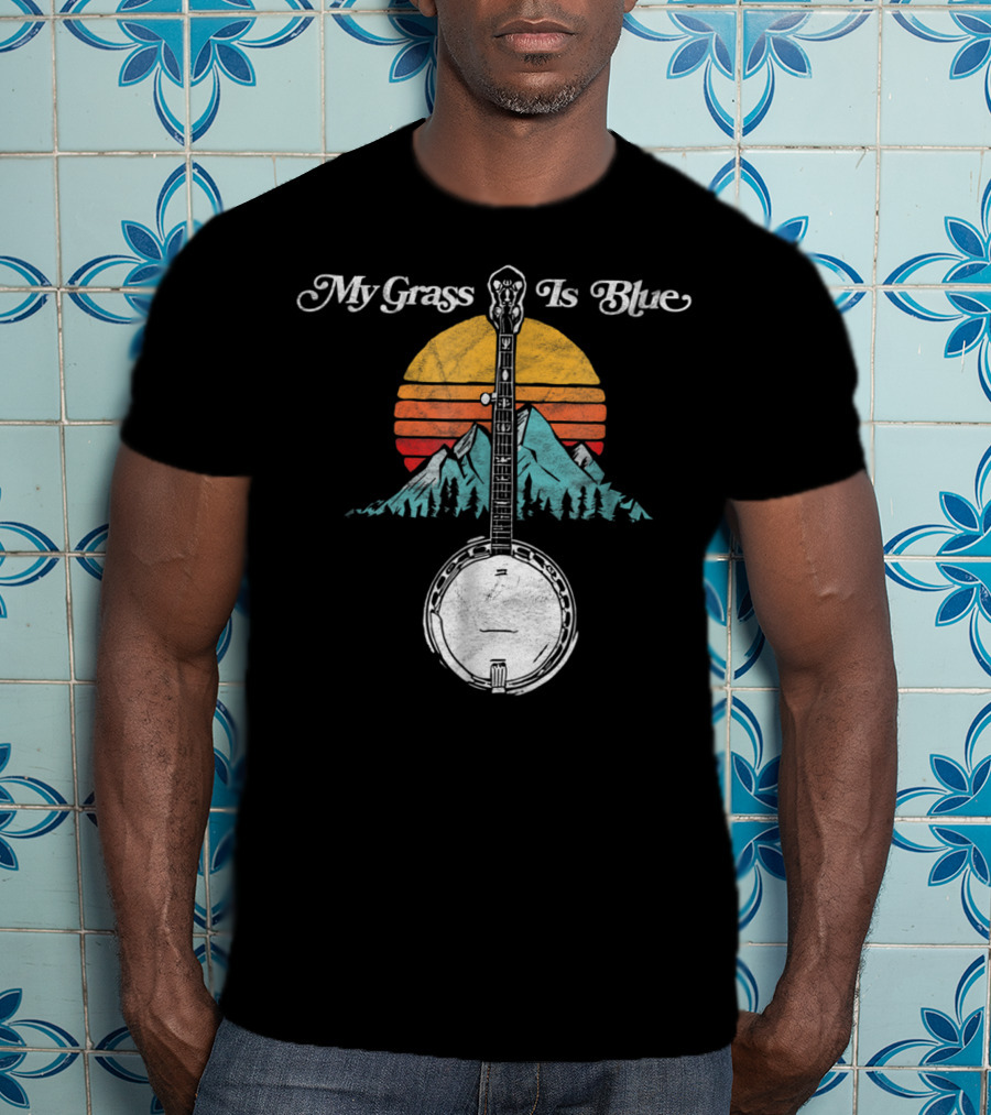 My Grass Is Blue Rocky Mountain Banjo Sunset Mountain Scene T-Shirt