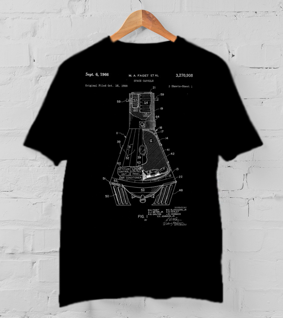 NASA Space Capsule Patent Mercury Mission 1966 Space Travel T-Shirt