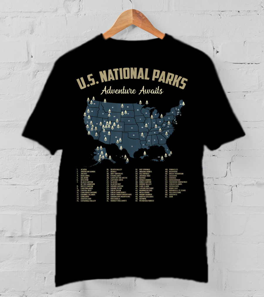 U.S. National Parks Adventure Awaits Map Camping Hiking Outdoor T-Shirt