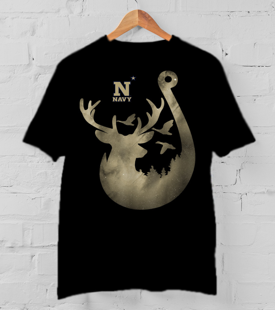 Navy Midshipmen Deer Galaxy Hook With Birds And Starry Sky T-Shirt
