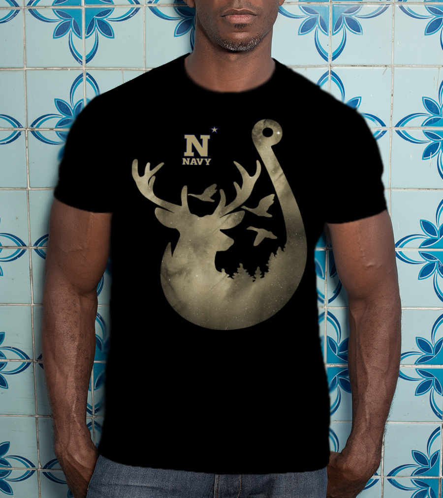 Navy Midshipmen Deer Galaxy Hook With Birds And Starry Sky T-Shirt