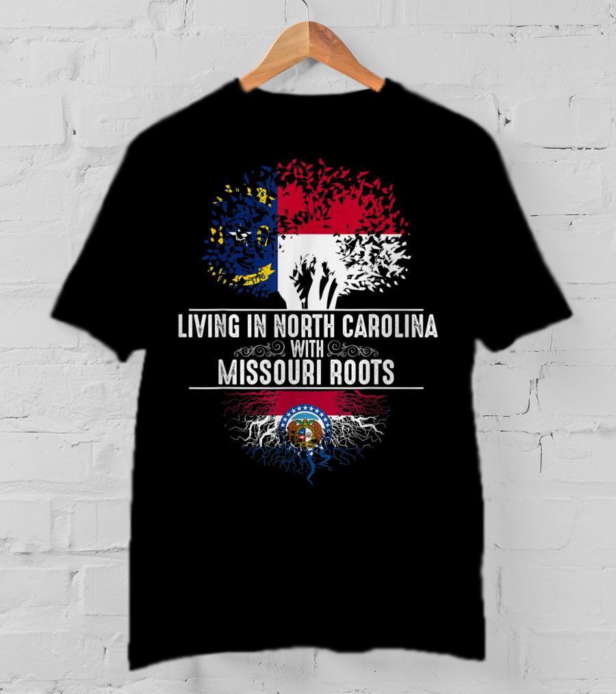 LIVING IN NORTH CAROLINA WITH MISSOURI ROOTS State Flags Tree Roots Blend T-Shirt