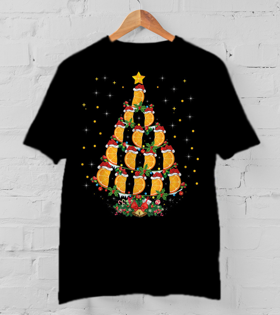 Orange Christmas Tree With Citrus Fruit And Santa Hats T-Shirt