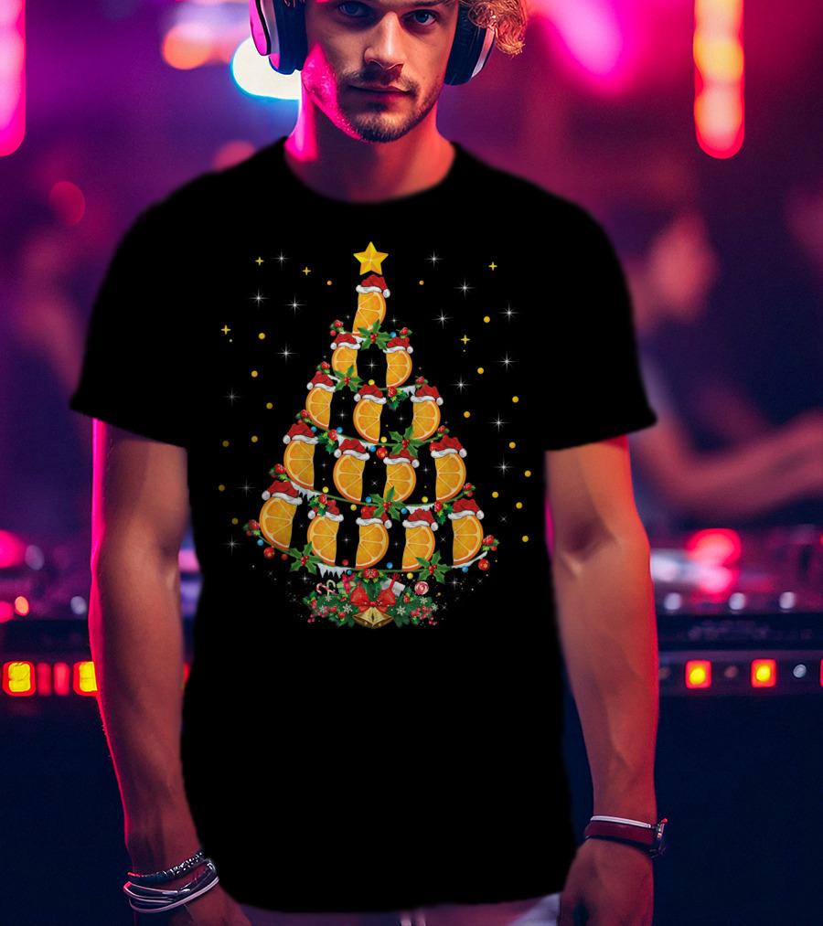 Orange Christmas Tree With Citrus Fruit And Santa Hats T-Shirt