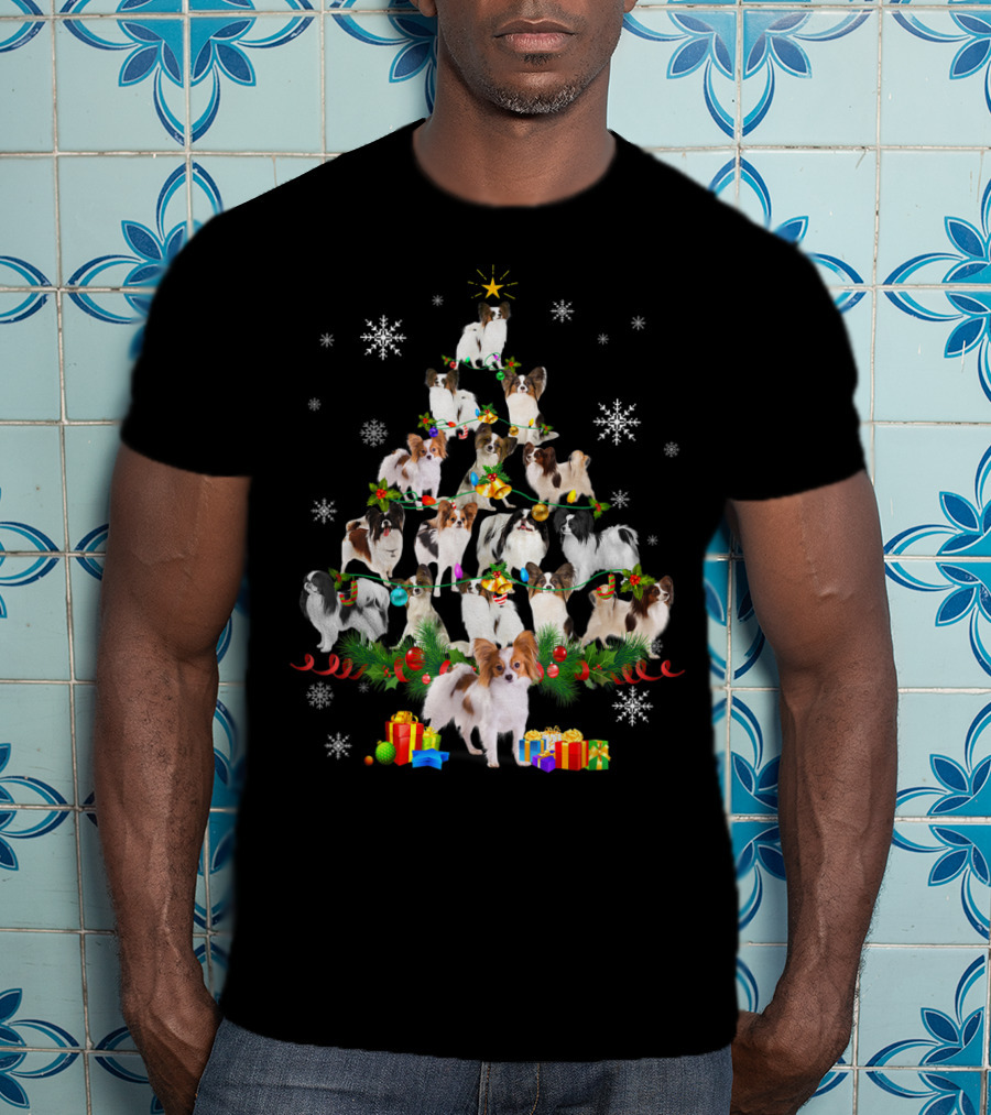 Papillon Dog Christmas Tree Lights With Snowflakes And Presents T-Shirt