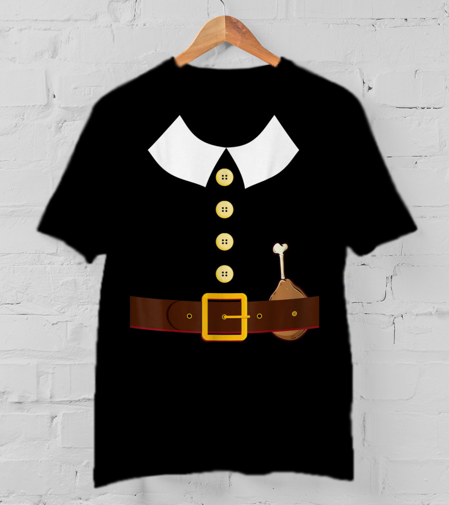 Pilgrim Costume Black Collar Buttons Belt Chicken Leg Colonist T-Shirt
