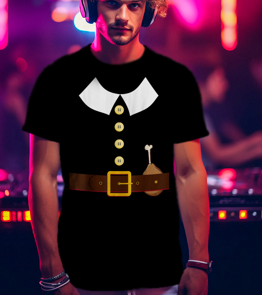 Pilgrim Costume Black Collar Buttons Belt Chicken Leg Colonist T-Shirt