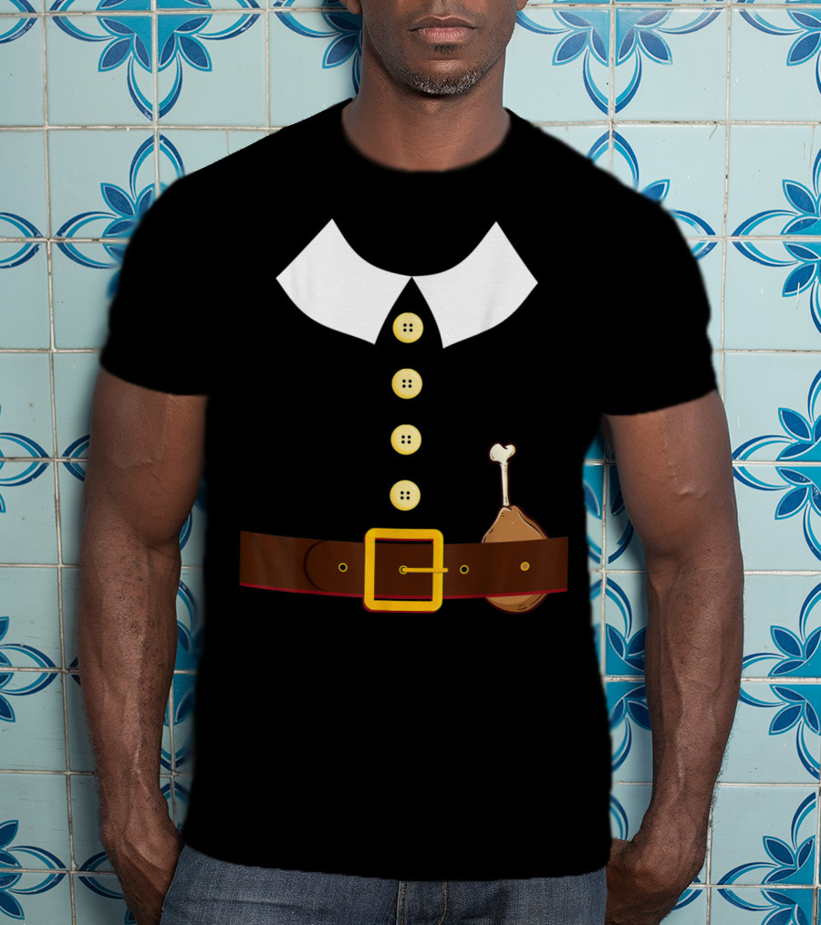 Pilgrim Costume Black Collar Buttons Belt Chicken Leg Colonist T-Shirt