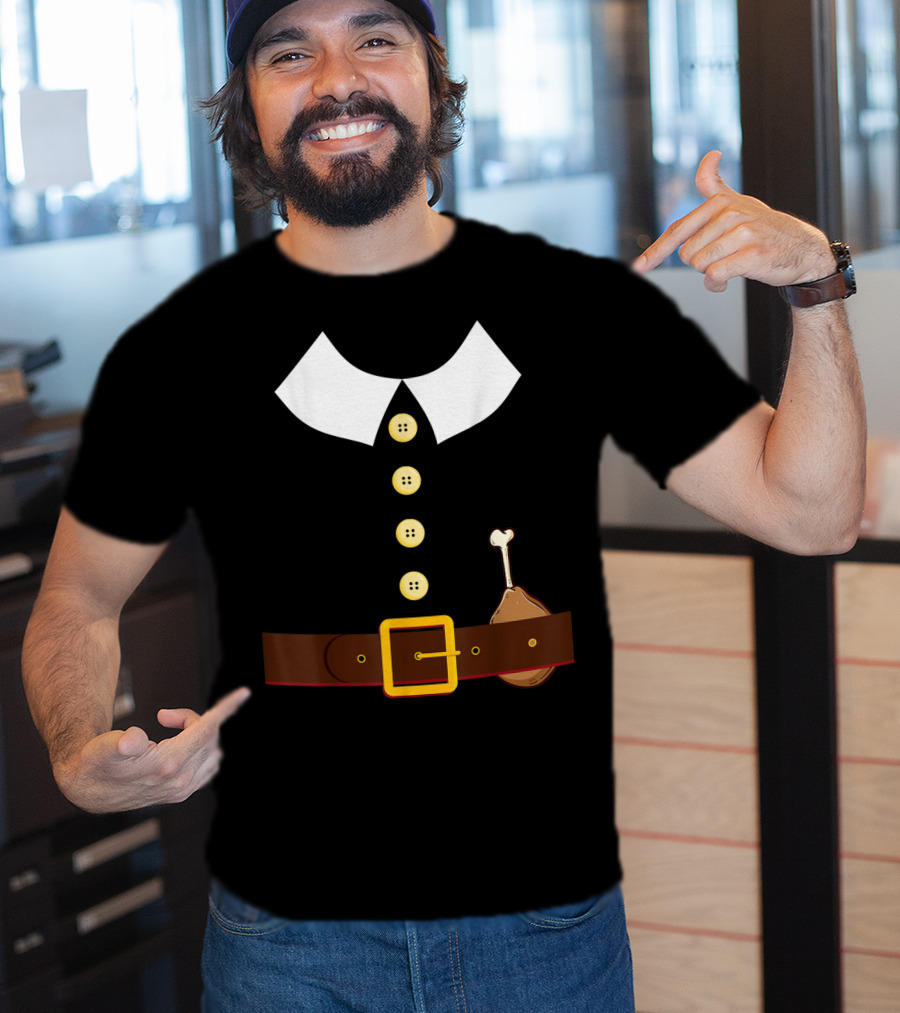 Pilgrim Costume Black Collar Buttons Belt Chicken Leg Colonist T-Shirt
