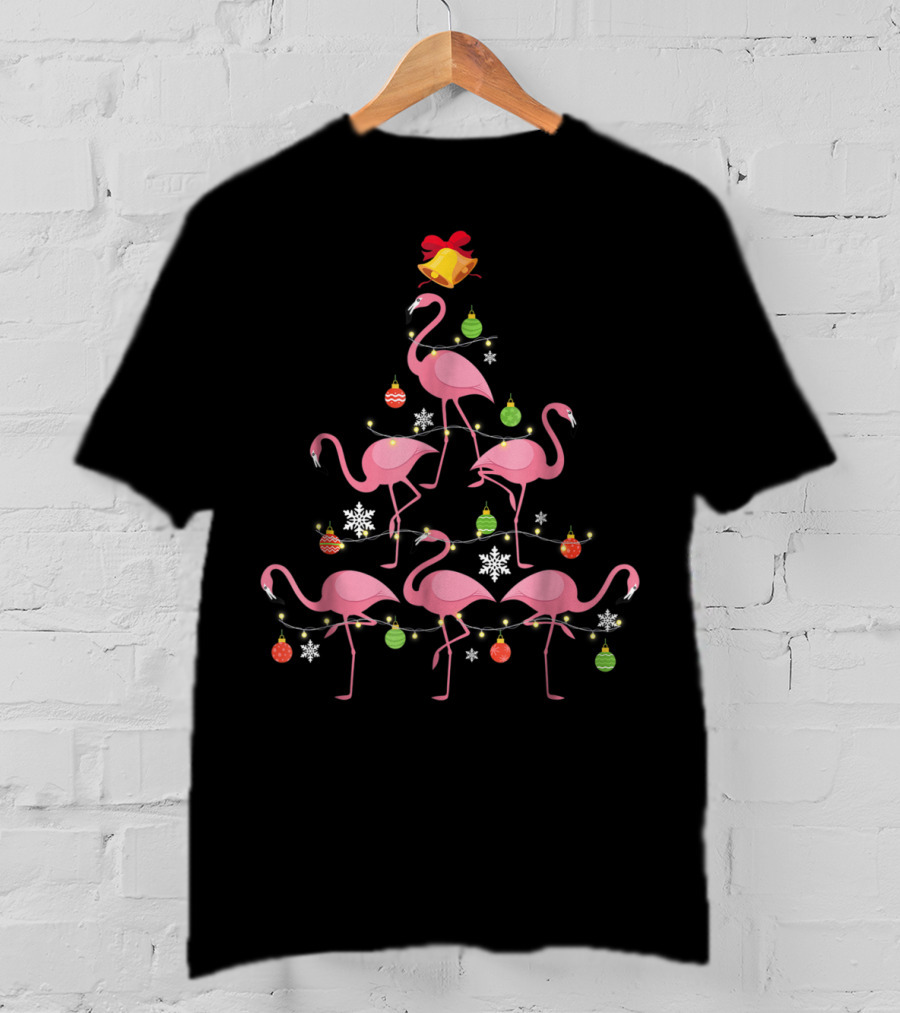 Pink Flamingo Christmas Tree Ornament Decor Snowflakes Festive Lights T-Shirt