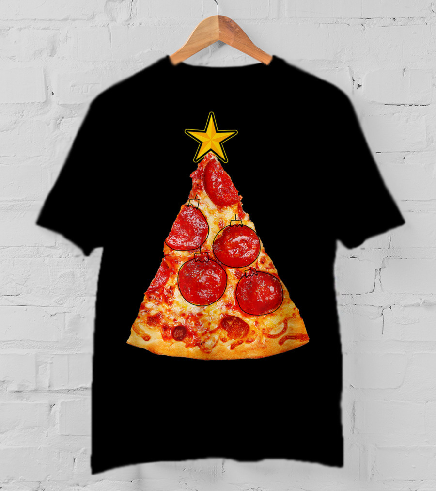 Pizza Slice Christmas Tree With Pepperoni Ornaments And Star Topper T-Shirt