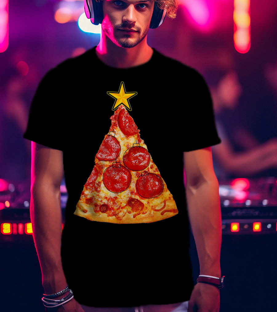 Pizza Slice Christmas Tree With Pepperoni Ornaments And Star Topper T-Shirt