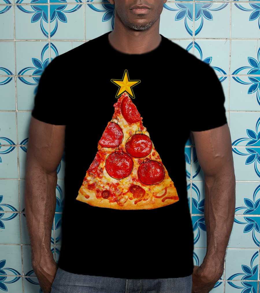 Pizza Slice Christmas Tree With Pepperoni Ornaments And Star Topper T-Shirt