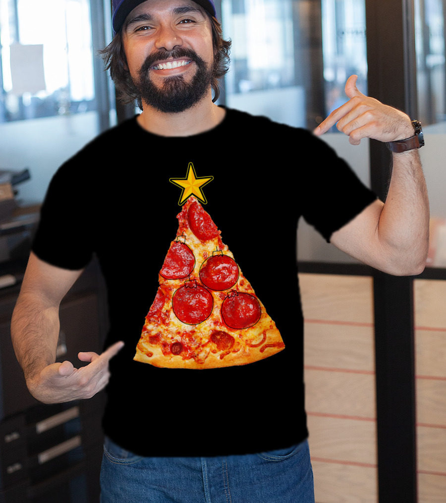 Pizza Slice Christmas Tree With Pepperoni Ornaments And Star Topper T-Shirt