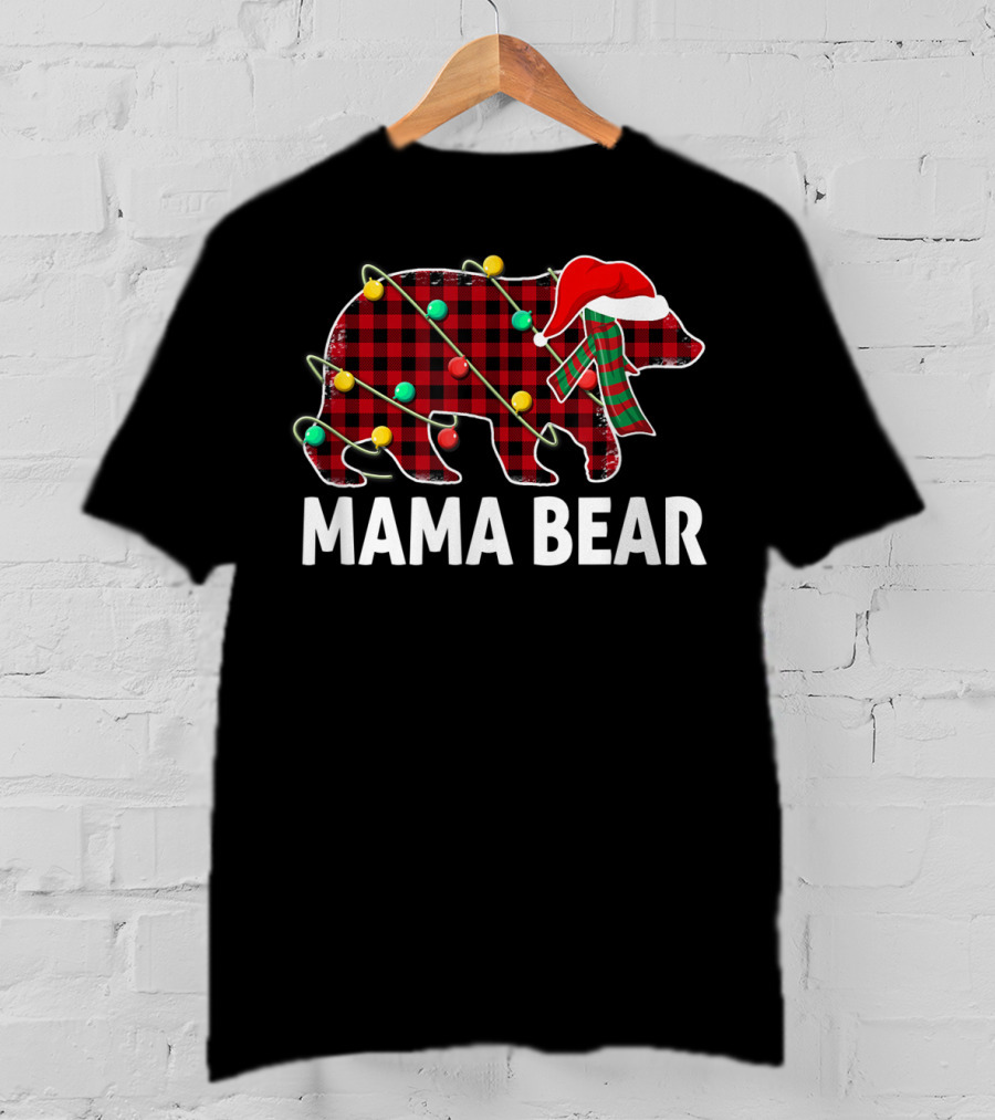 Mama Bear Plaid Santa Hat Christmas Lights T-Shirt