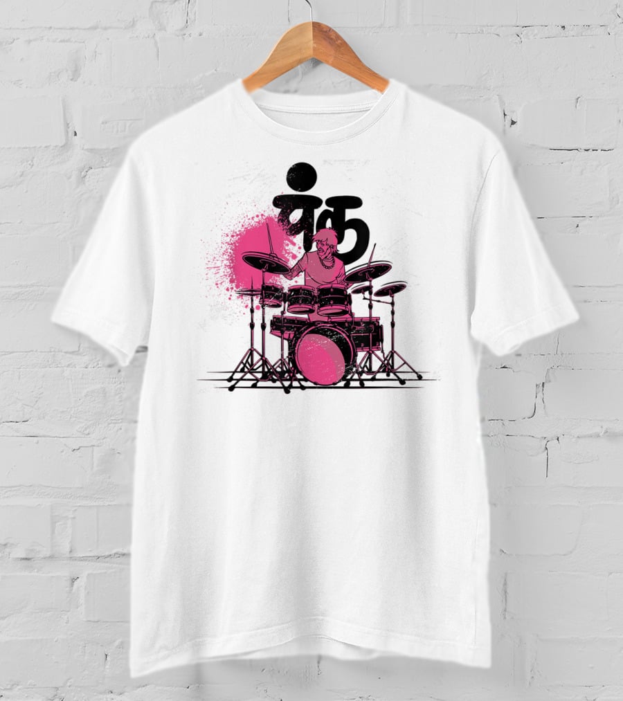 Pink Punk Band Drummer Graphic With Drum Set And Grunge Effect T-Shirt