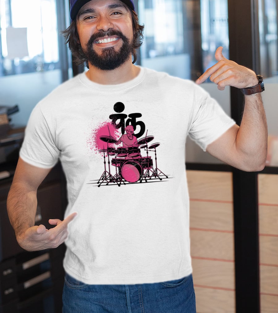 Pink Punk Band Drummer Graphic With Drum Set And Grunge Effect T-Shirt