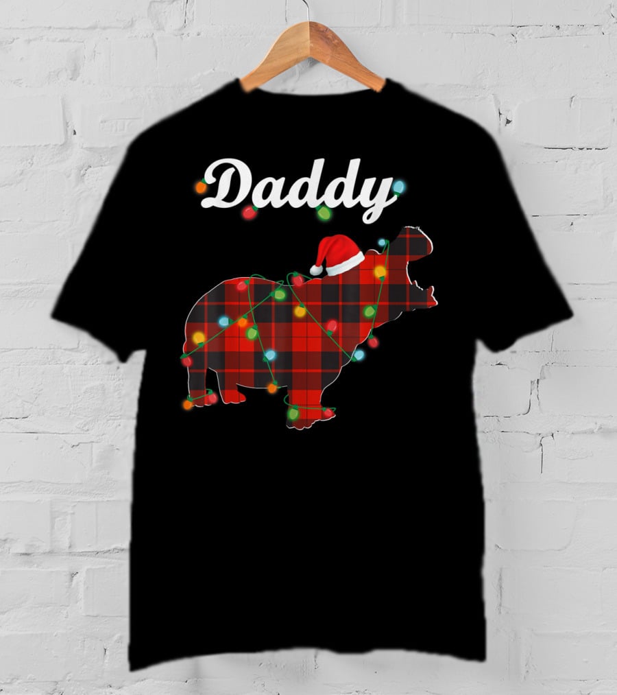Daddy Red Plaid Hippopotamus Christmas Lights Santa Hat T-Shirt