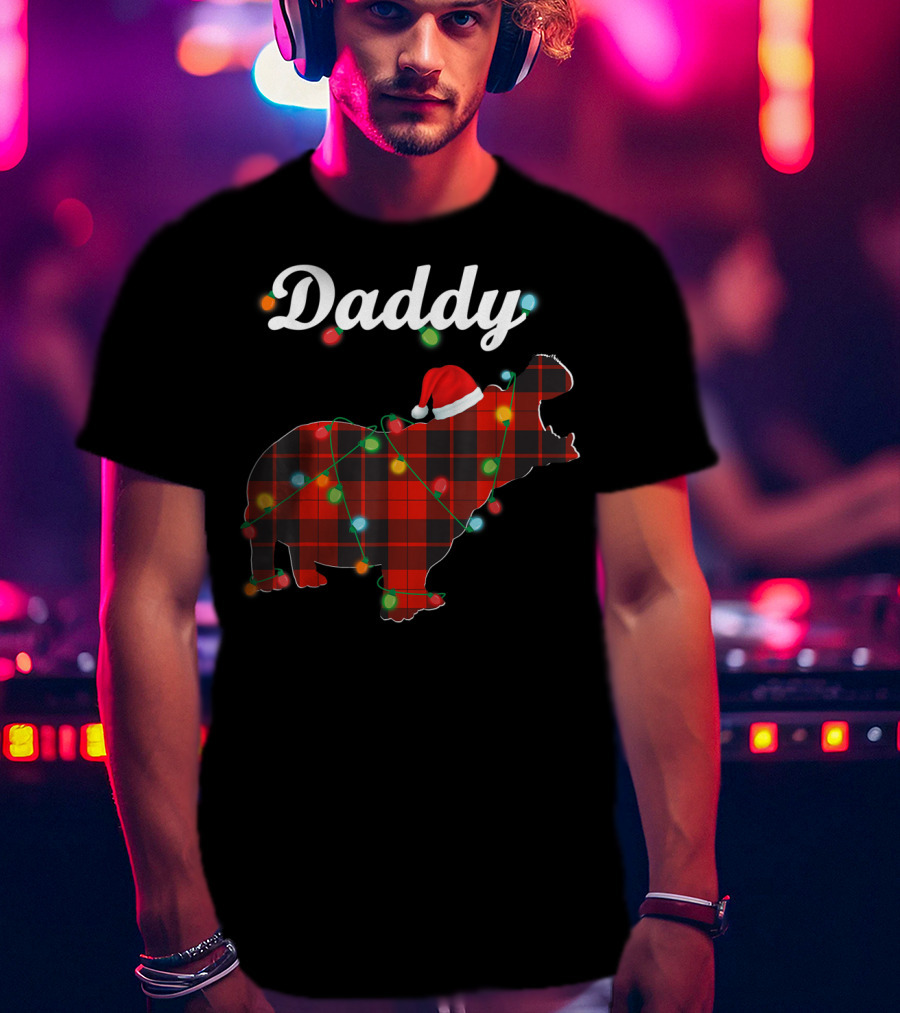 Daddy Red Plaid Hippopotamus Christmas Lights Santa Hat T-Shirt