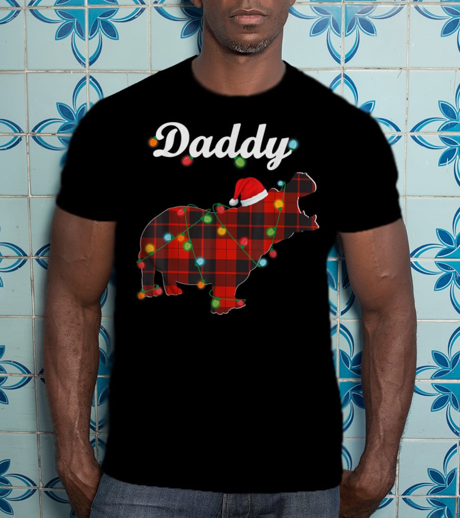 Daddy Red Plaid Hippopotamus Christmas Lights Santa Hat T-Shirt