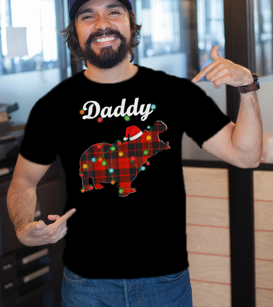 Daddy Red Plaid Hippopotamus Christmas Lights Santa Hat T-Shirt