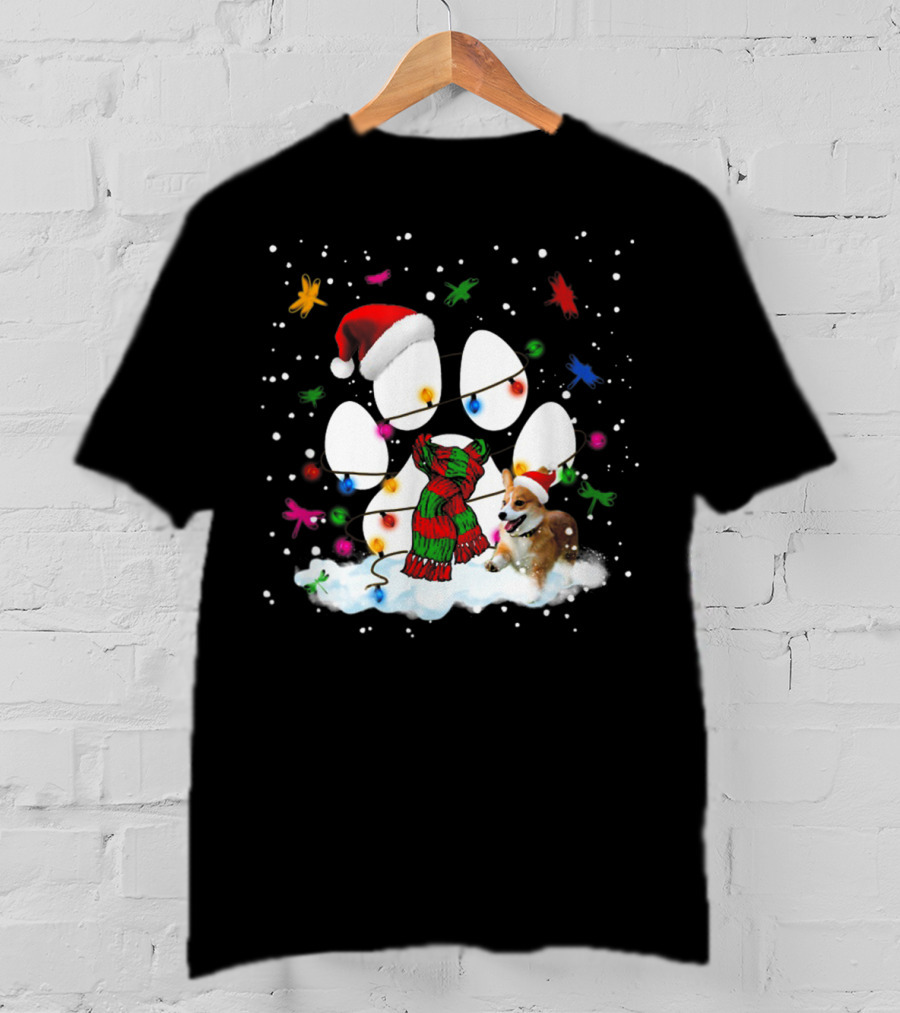Santa Corgi Paw Print Christmas Lights Snowflakes T-Shirt