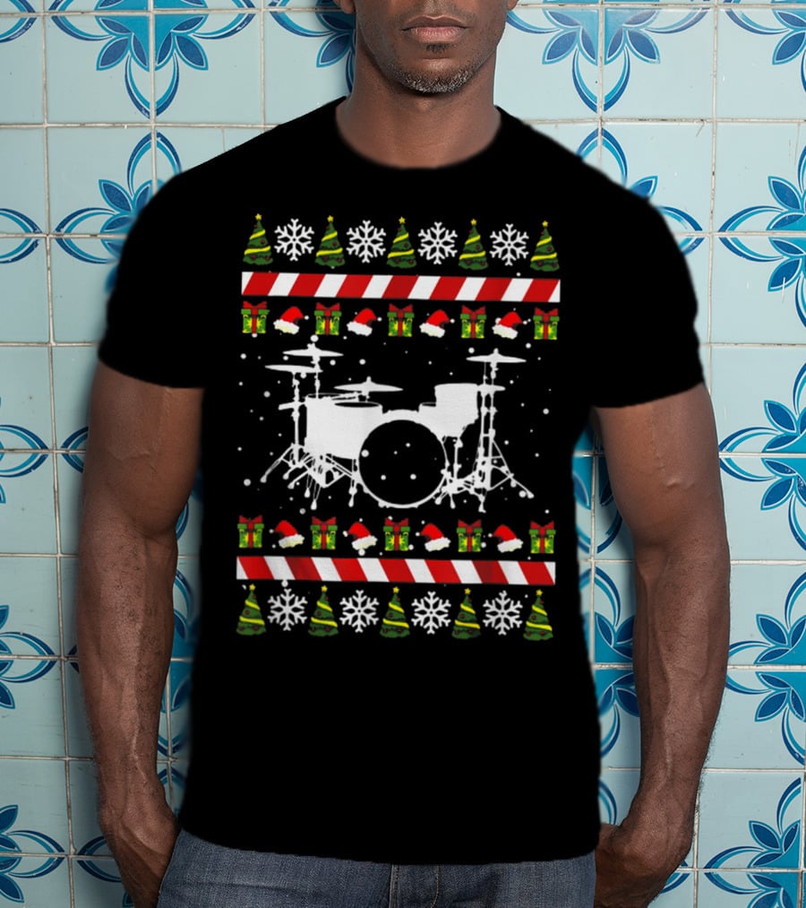 Santa Drummer Ugly Christmas Sweater Drum Kit Snowflakes Trees Gift Boxes T-Shirt