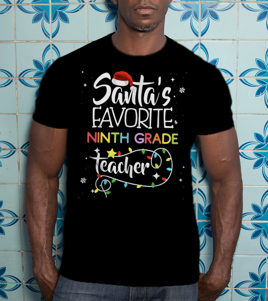 Santa's Favorite Ninth Grade Teacher Christmas Lights Snowflakes T-Shirt