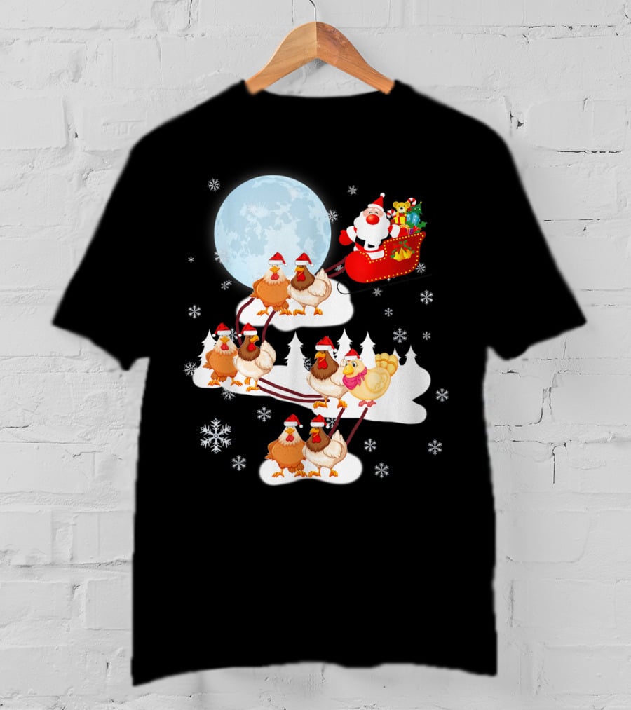 Santa Sleigh Sled Riding Chickens Full Moon Christmas Snowflakes T-Shirt