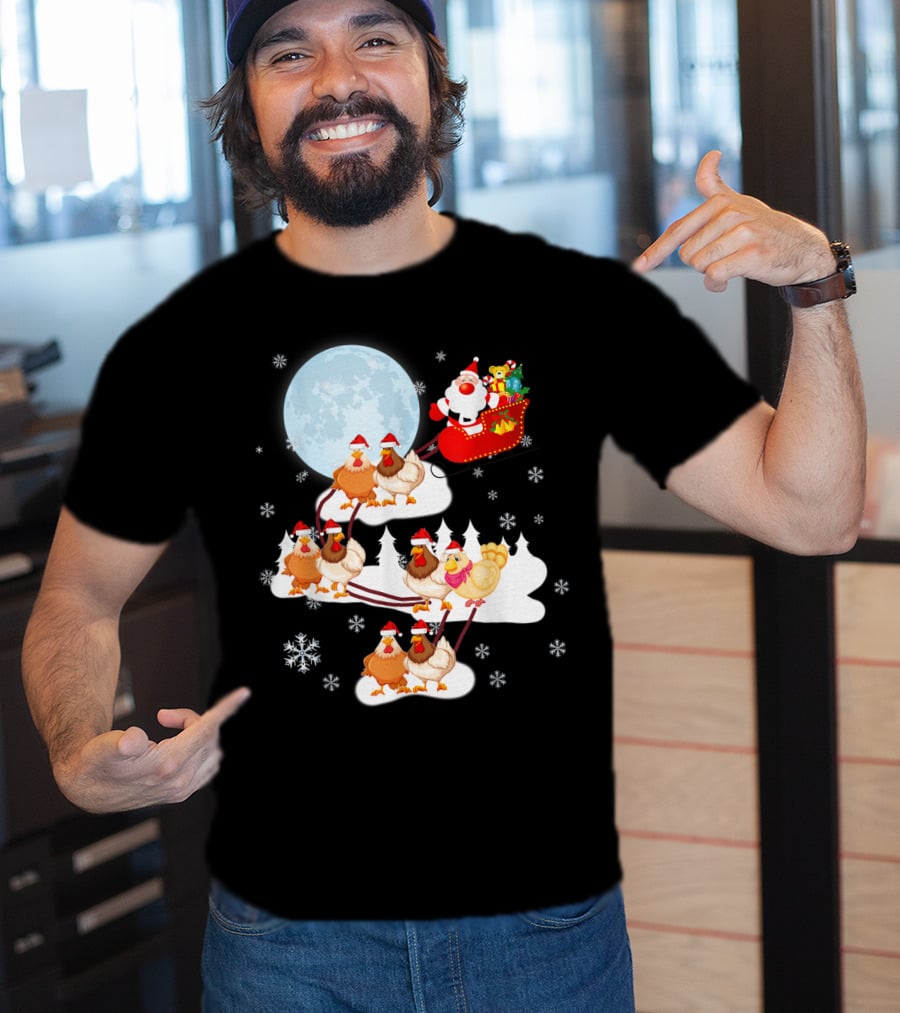 Santa Sleigh Sled Riding Chickens Full Moon Christmas Snowflakes T-Shirt
