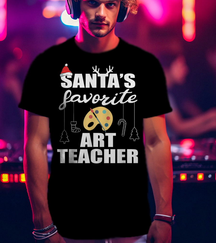 Santa's Favorite Art Teacher Christmas Trees Candy Canes Palette T-Shirt