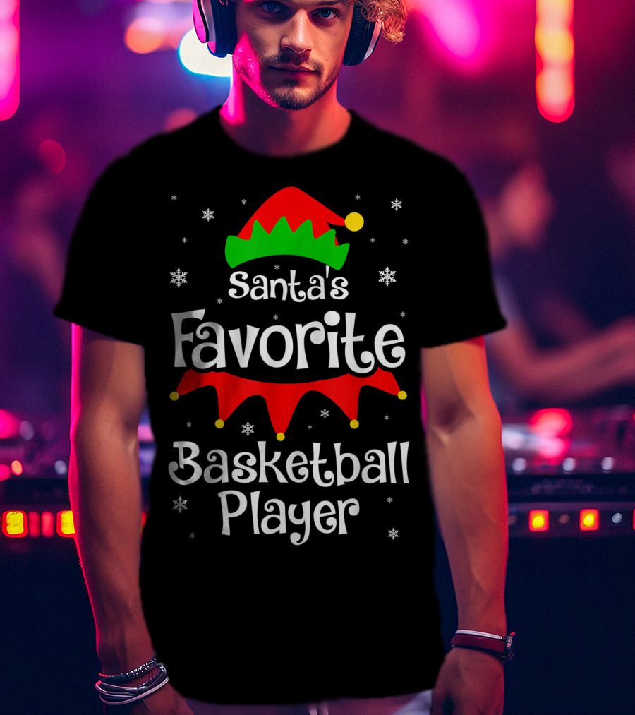 Santa's Favorite Basketball Player Christmas Snowflakes Elf Hat T-Shirt