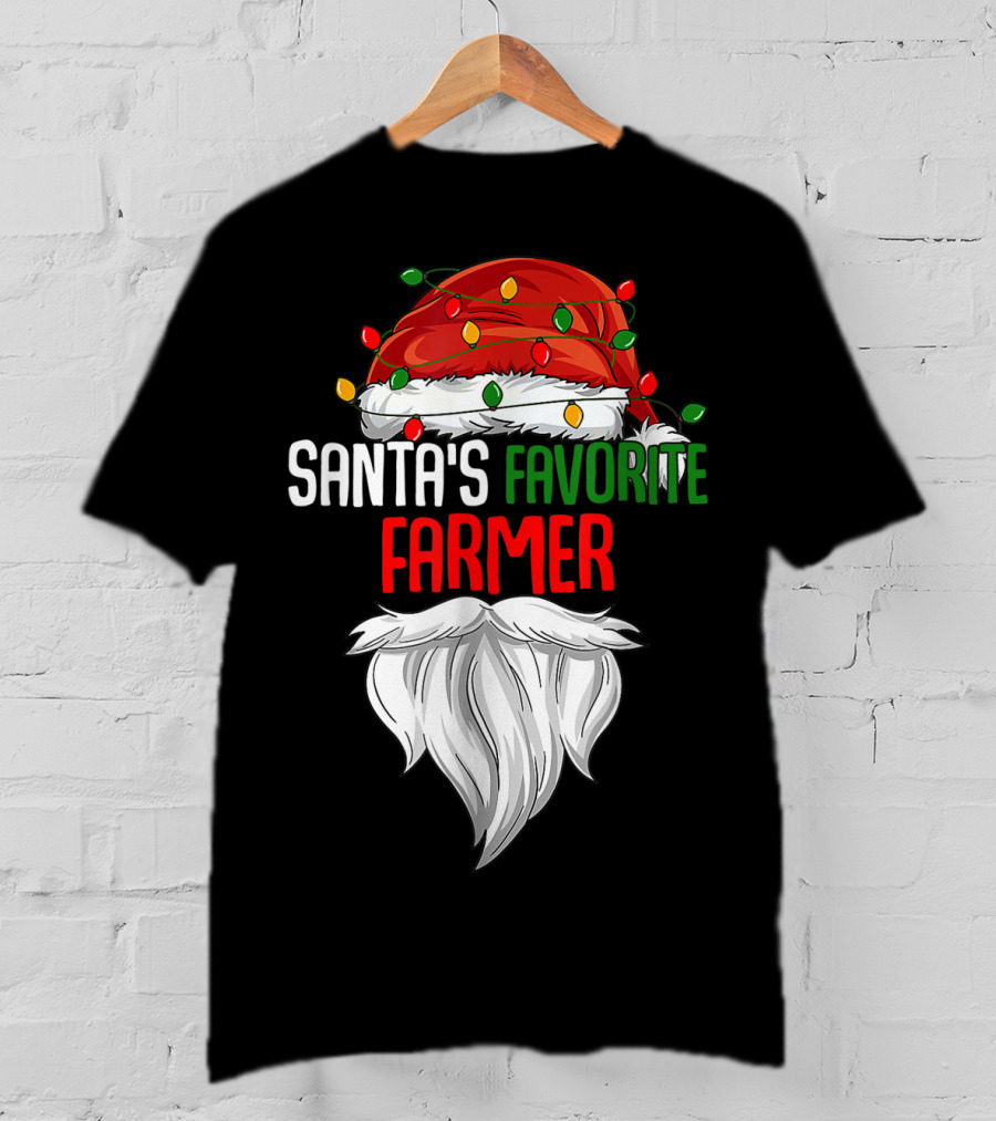 Santa's Favorite Farmer Christmas Beard And Hat Lights T-Shirt