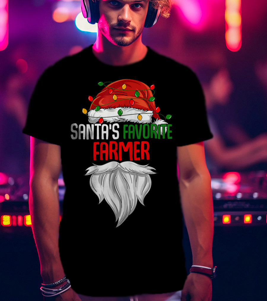 Santa's Favorite Farmer Christmas Beard And Hat Lights T-Shirt