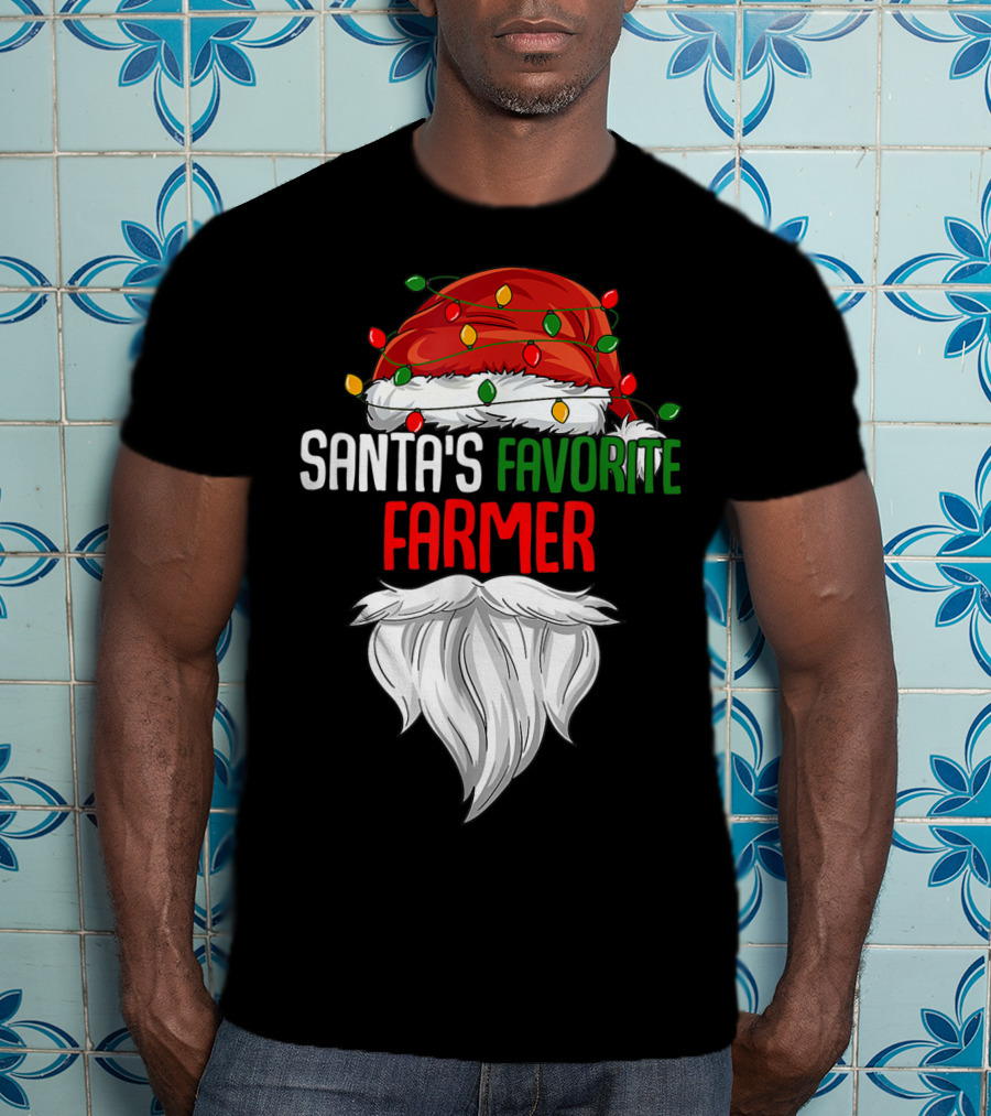 Santa's Favorite Farmer Christmas Beard And Hat Lights T-Shirt