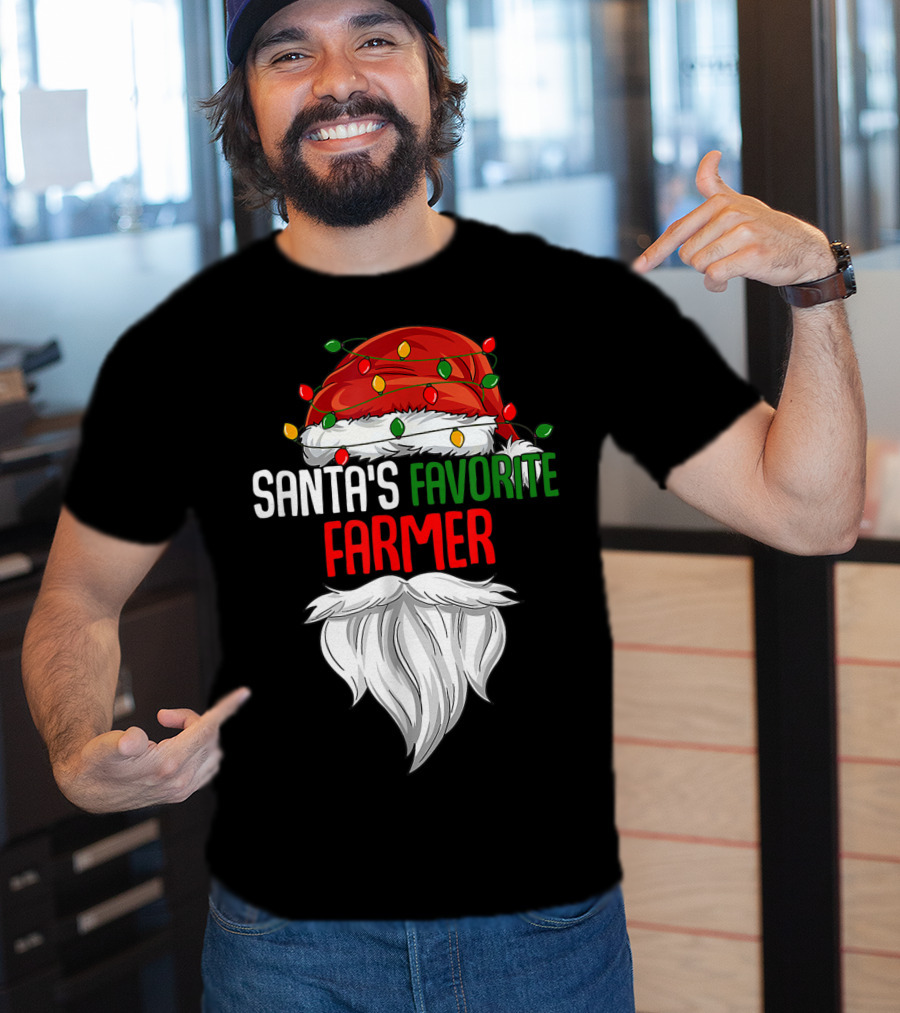 Santa's Favorite Farmer Christmas Beard And Hat Lights T-Shirt