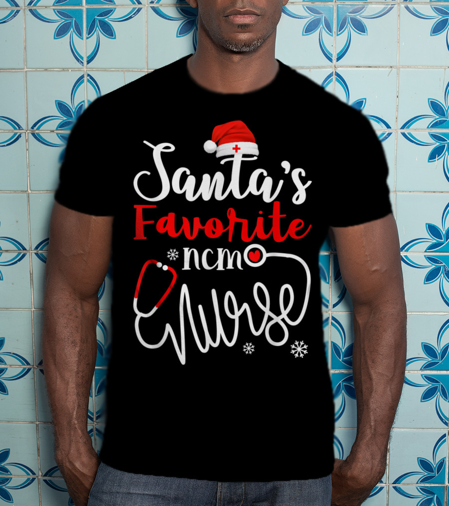 Santa's Favorite Ncm Nurse Hat Stethoscope Snowflakes T-Shirt