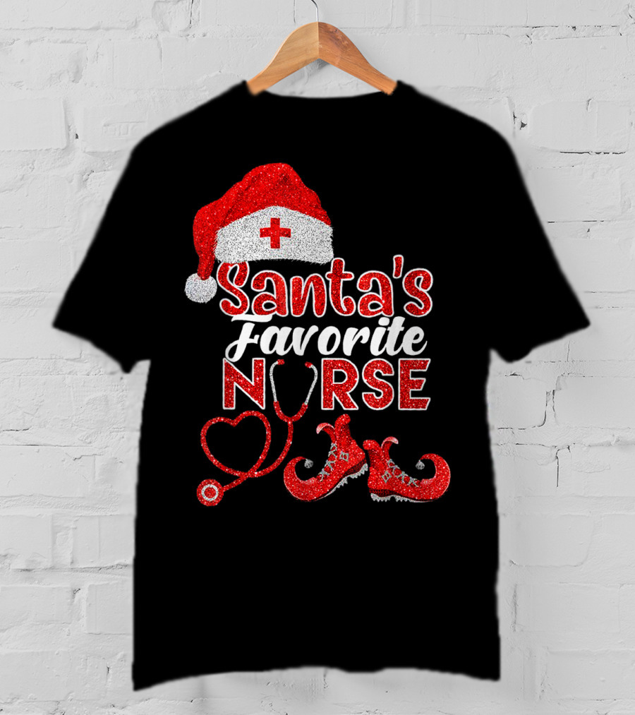 Santa's Favorite Nurse Heart Stethoscope Elf Shoes Merry Xmas Party T-Shirt