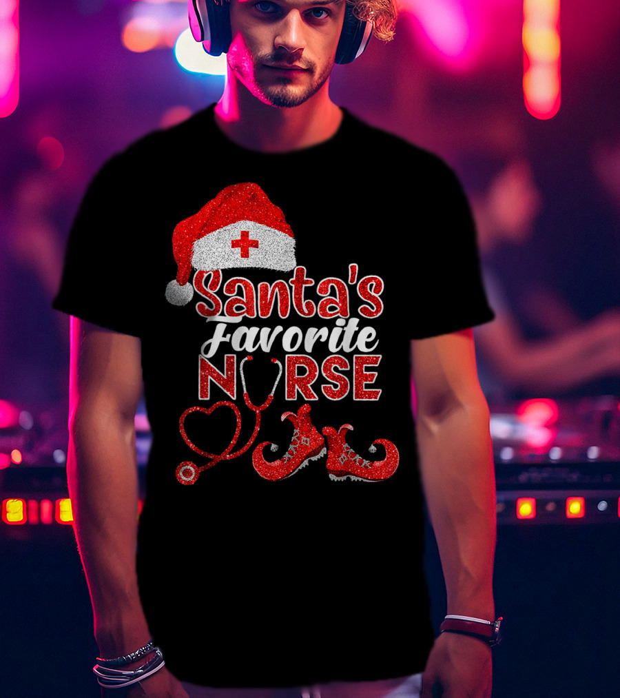 Santa's Favorite Nurse Heart Stethoscope Elf Shoes Merry Xmas Party T-Shirt